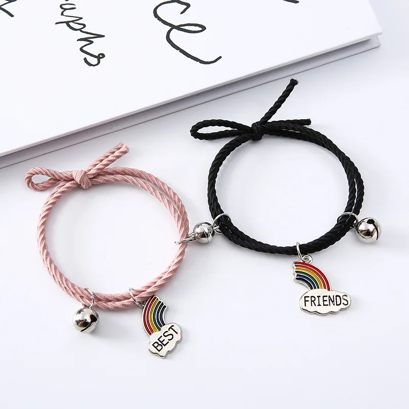 1 Pair Magnet Attract Couple Bracelet Rainbow Bell Pendant Friendship Jewelry Adjustable Braided Rope Bangle for Women Men