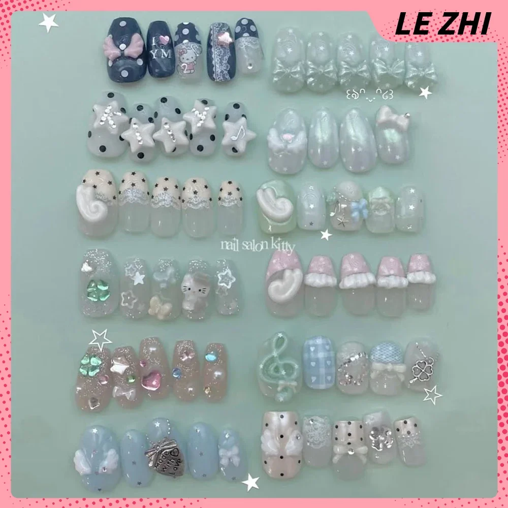 

Lovely Handmade Wearable Press On Nails Kawaii Polka Point Wings Bow Four-Leaf Clover Diamond Stars Fake Nail Customizable