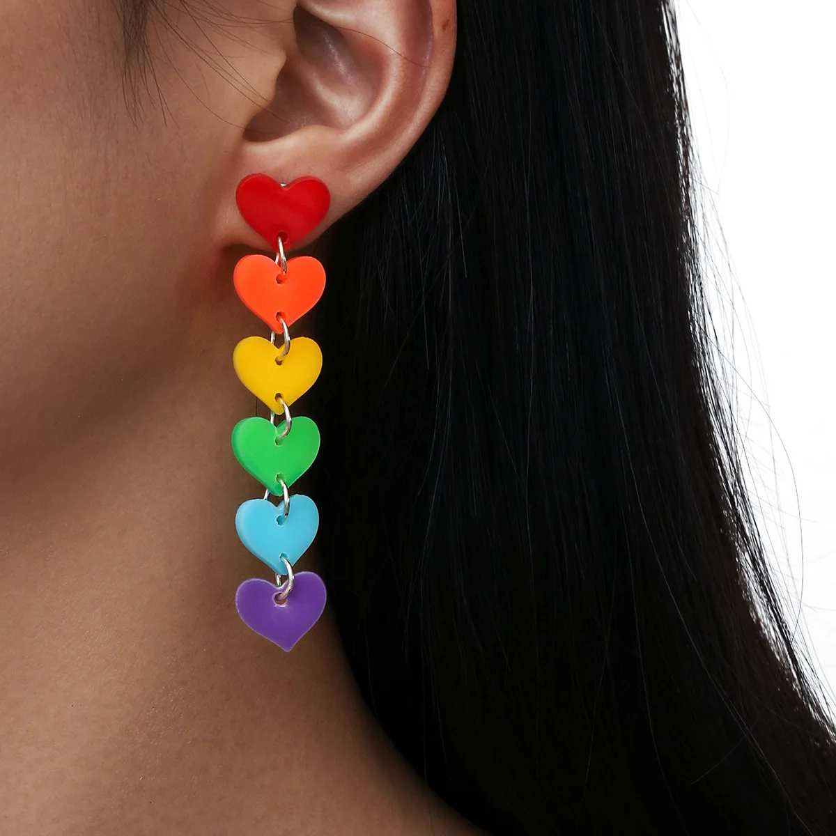 Rainbow Red, Orange Yellow, Green, Blue, Purple, Six Color Acrylic Tassel Heart-Shaped Earrings