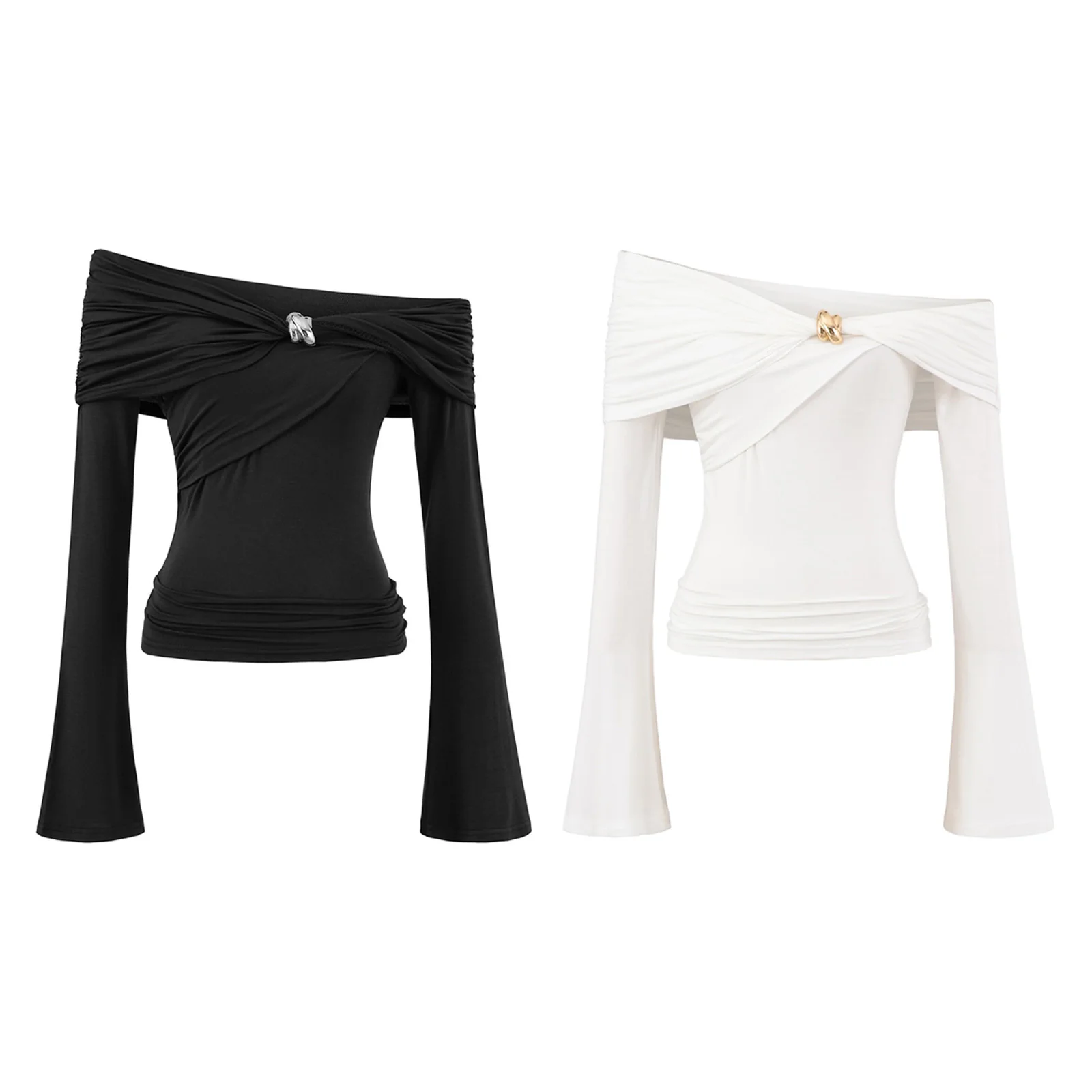 

Femme уличная женская мода пуловер с длинными рукавами топ тонкая футболка с рюшами расклешенная повседневная одежда женская блузка с открытыми плечами