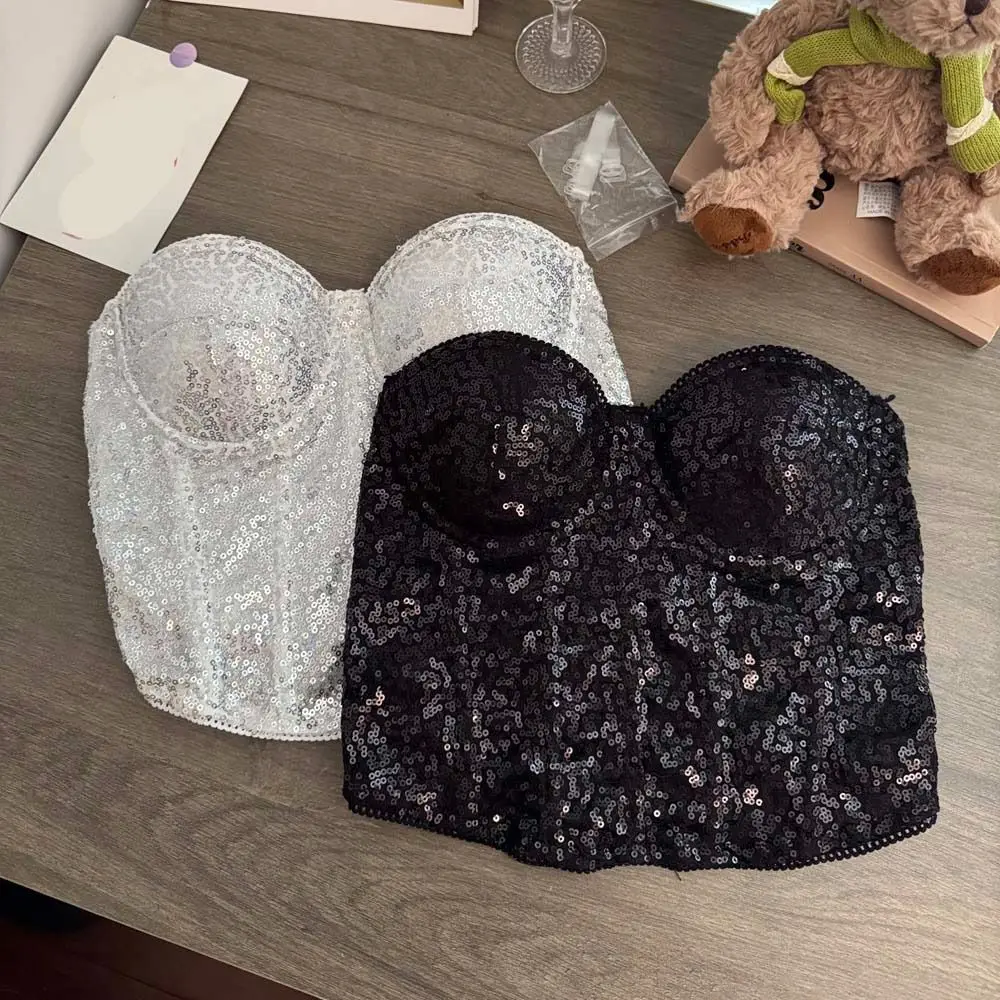 

Cool Bling Shiny Sequin Crop Top Punk Fishbone Sequin Tank Top Camisole Vest Women Tube Top Club