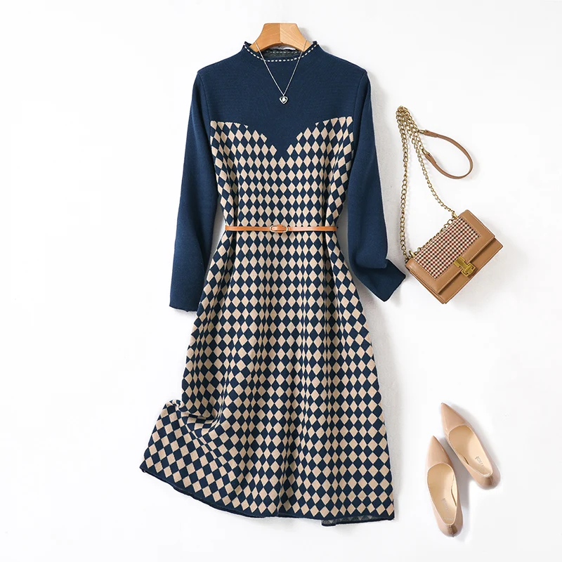 

Elegant Fashion Plaid Thicken Sweater Dresses Women 2023 Autumn Winter Retro Knitted Dress Woman Korean Long Sleeve Midi Dress