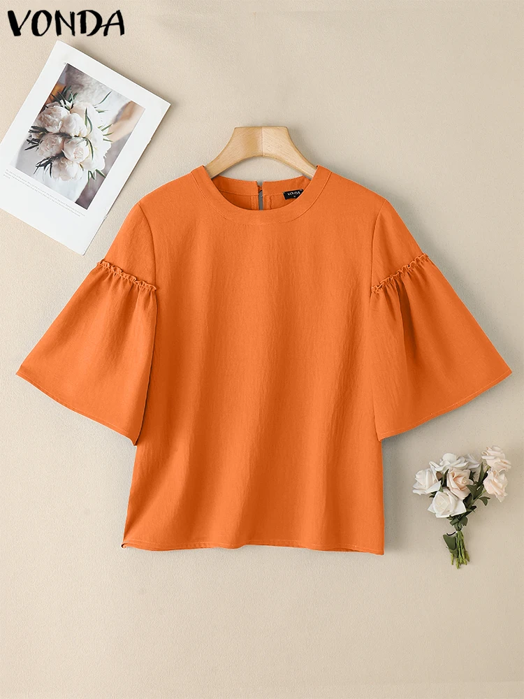 

VONDA Female Summer Half Sleeve Ruffles Solid Color Fashion Women Blouses O Neck Blusas Streetwear Oversize Tunic Women Clothing