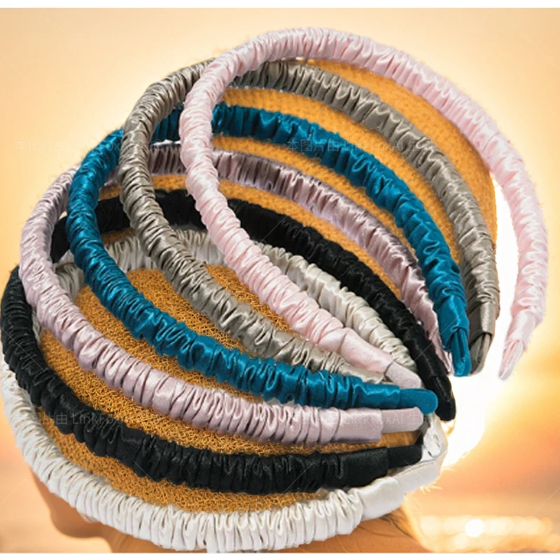 

19 Momme100% Mulberry Silk Ladies Fashion 1CM Hair Bands Satin Pleated Headbands Ruffles Fine Hairband Valentine's Day Gifts