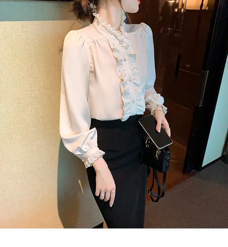 High End Lace and Lace Temperament Black Fungus Edge Stand Up Collar Chiffon Shirt for Women Long Sleeved Ruffle Edge Top Small