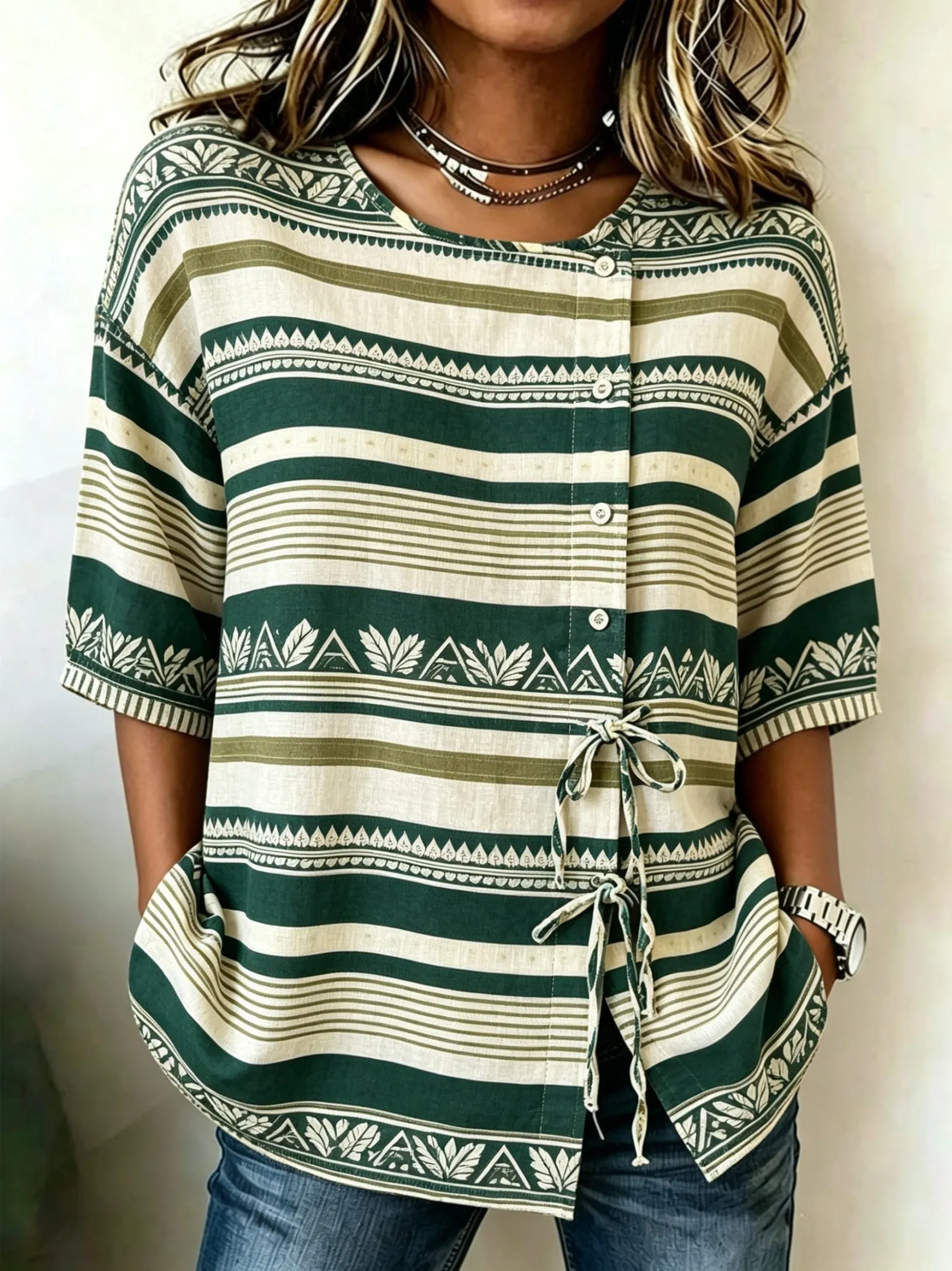 Women's Boho Green Stripe & Tribal Print Button & Tie Front Blouse, Casual Stylish Top for Spring Summer Daily & Versatile Wear
