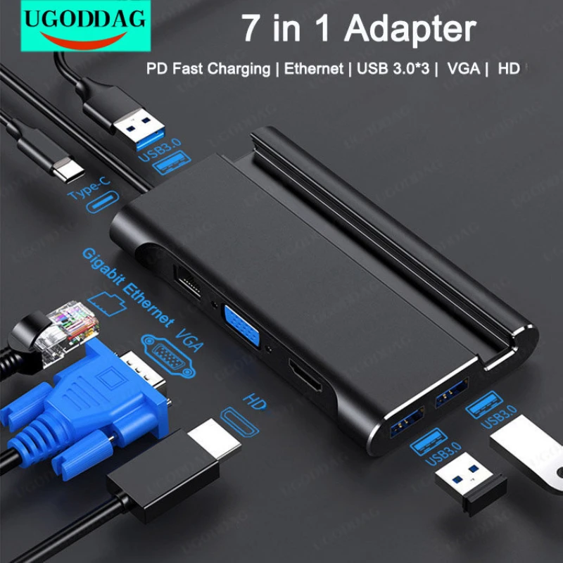 

Type C Docking Station to HDMI-Compatible 4K USB 3.0 VGA RJ45 PD USB C Hub for Laptop Macbook Pro HP Surface DELL Lenovo Samsung