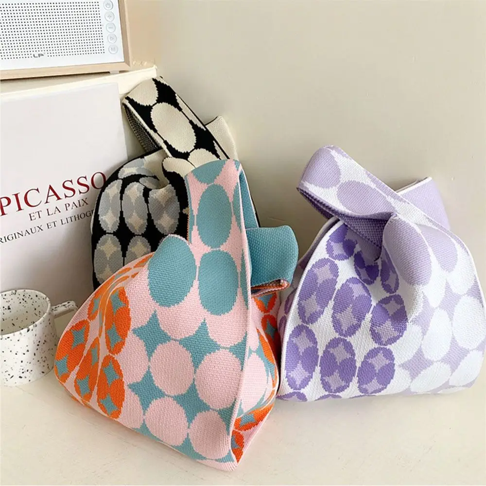 Women Mini Knit Handbag Handmade Knot Wrist Shopping Bag Reusable Casual Color Plaid Tote Bag Student Reusable Shoulder Bags