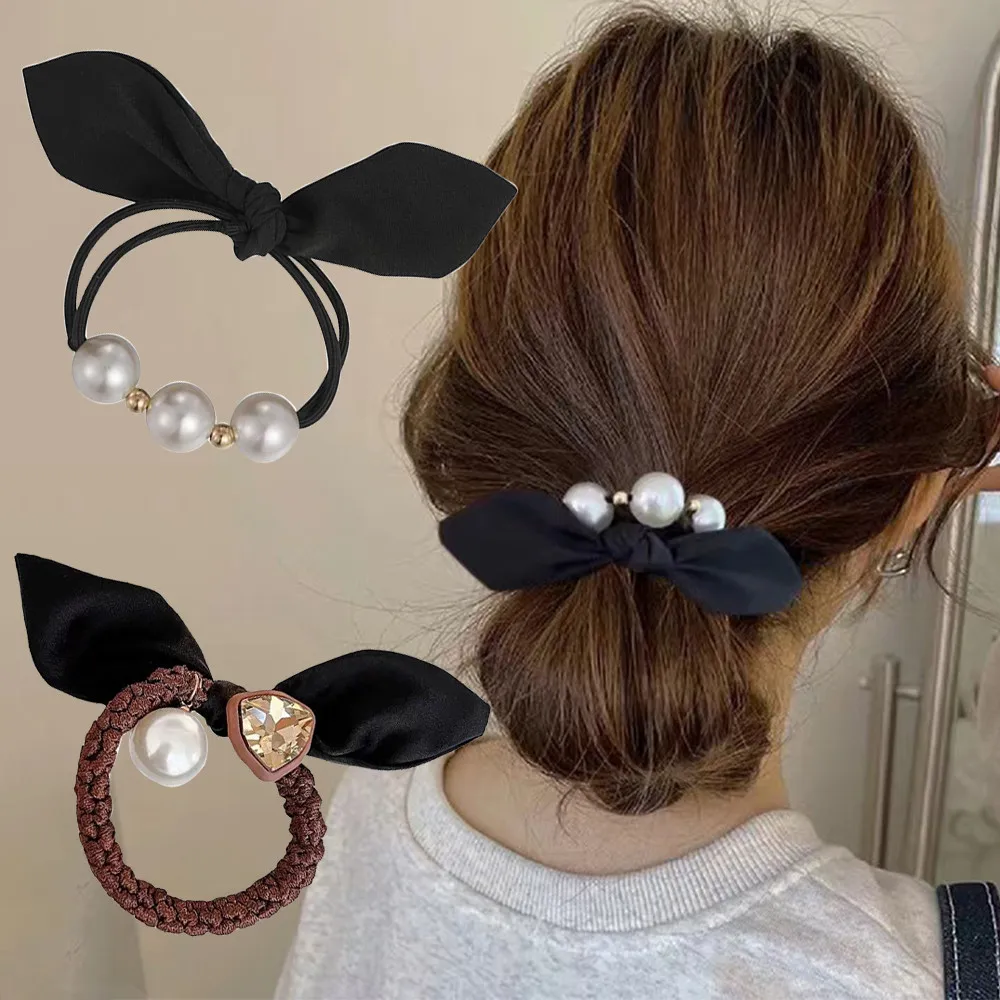 

Fashion Pearl Charms Hair Ties Black Color Satin Bowknot With Rubber Band Women Girls Ponytail Holder Hair Ropes Daily Headwear