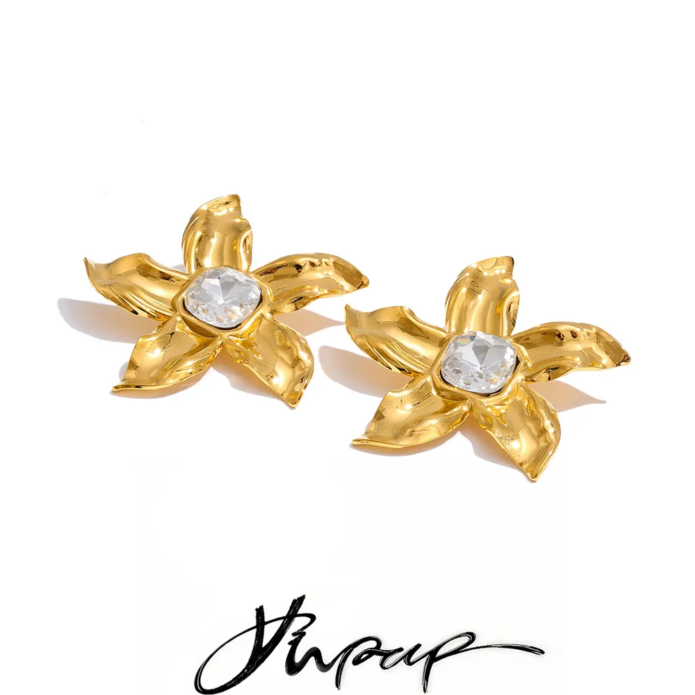 Yhpup Stainless Steel Big Flower Crystal Stud Earrings for Women Waterproof Statement Jewelry 18K Golden PVD Plated