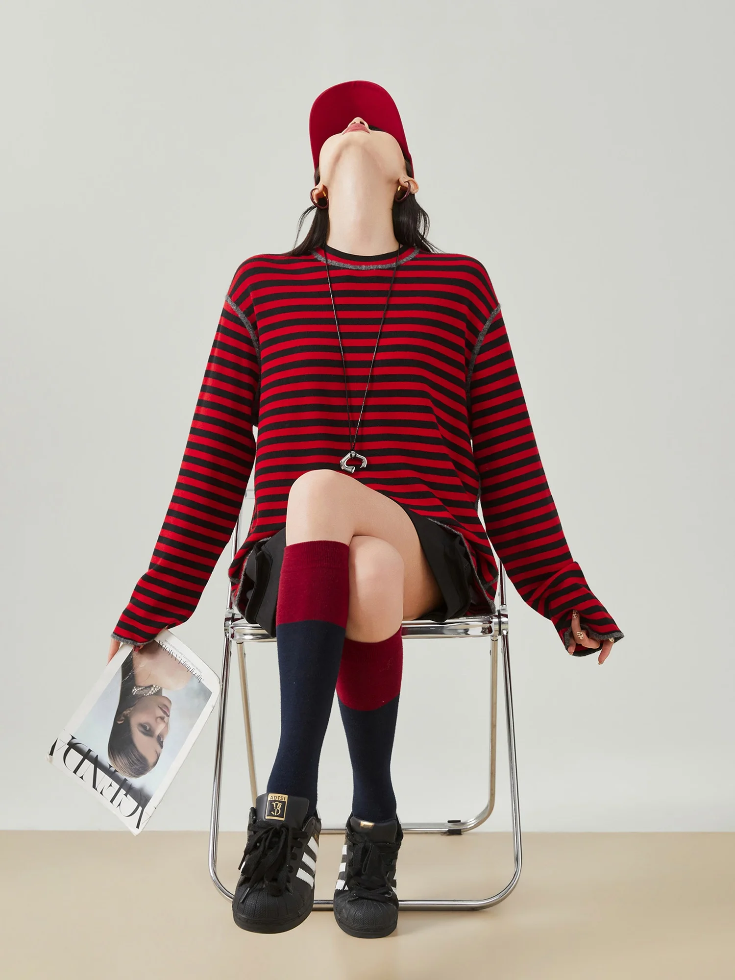 

Retro American Floing Color Blo Striped Long Sve T-irt Women's Loose Lazy Sle Casual Versatile Top Korean Version