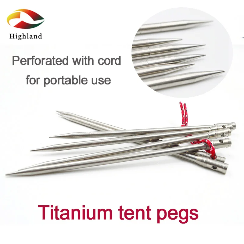 2pcs/set 5*165mm Titanium Alloy Outdoor Camping Tent Pegs Stakes Nail Survival Tool Kit  Perforated With Cord for Portable Use