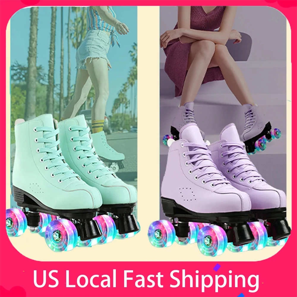 Sepatu Roda Kulit PU Sepatu Skating Sliding Inline Quad Skates Sepatu Wanita Sepatu Roller Skating Putih 4 Roda Roda Flash