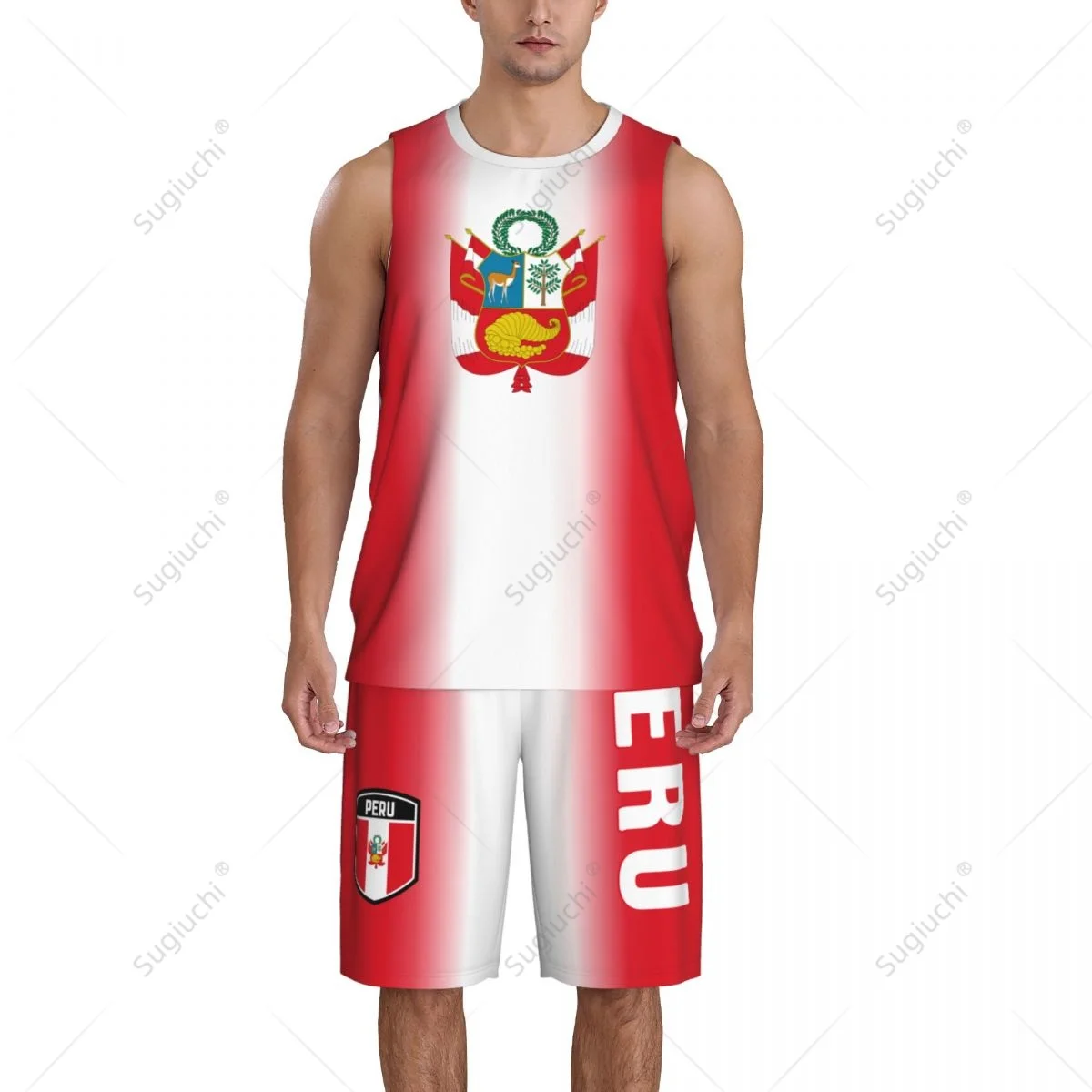 Conjunto de camiseta de baloncesto con bandera de Perú para hombre, camisa y pantalones de malla sin mangas, exclusivo, con nombre personalizado, Nunber Unisex