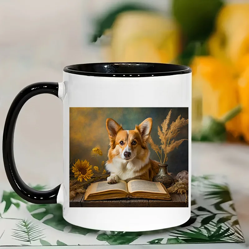 Cute Corgi Reading Book Colorful Print Ceramic Coffee Mug 11oz 350ml Personalized Custom Mug Microwave Safe Cute Aesthetic Mug B