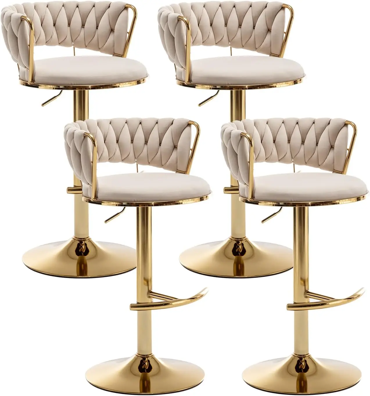 Gold Bar Stools Set of 4, Counter Height Bar Stools with Low Back, Velvet Adjustable Height Barstools, 360° Swivel Bar Stools fo