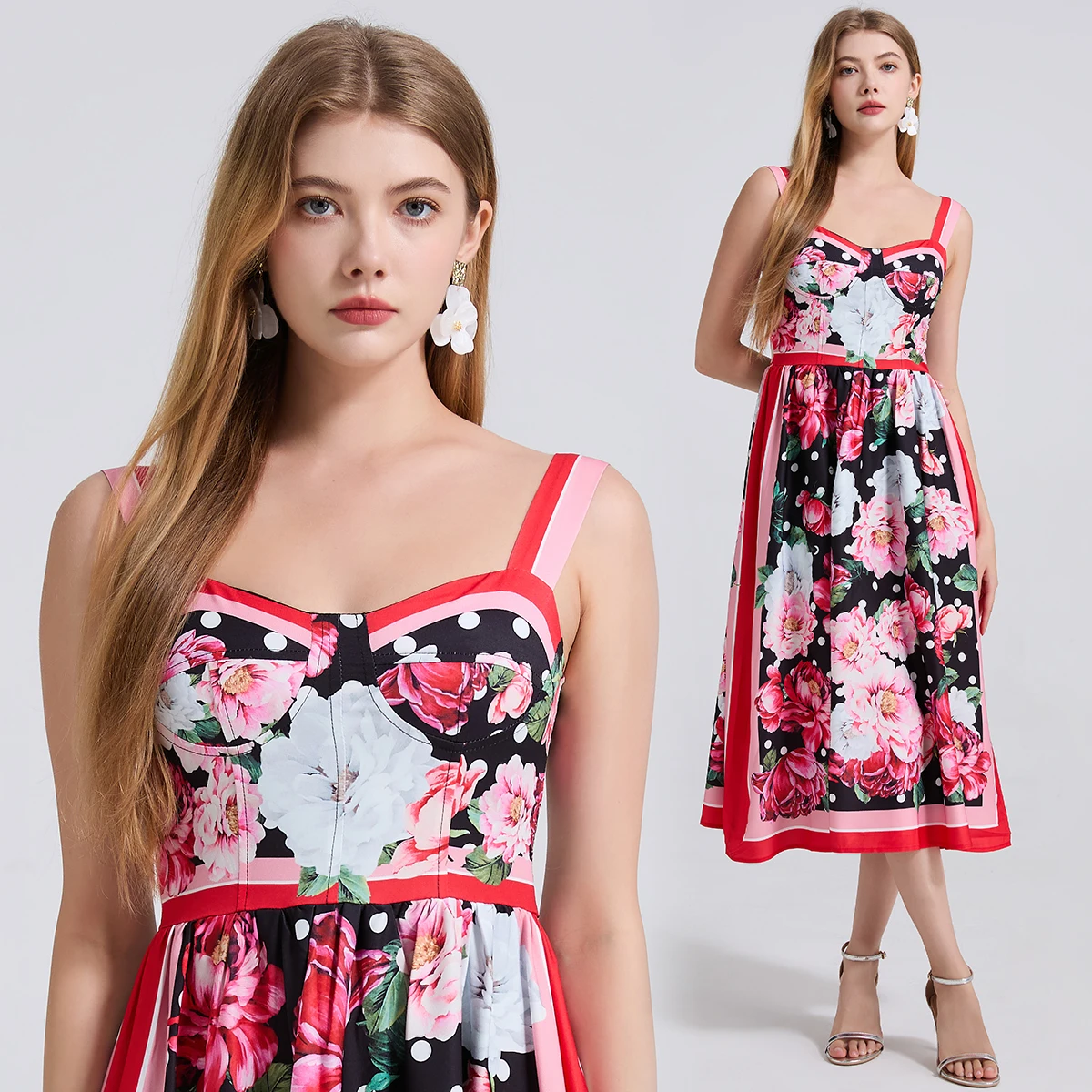 2025 Nuove vacanze estive Dot Flower Print Romantico abito da festa retrò Elastico a vita alta Vacanza Midi Abito lungo Abiti da spiaggia