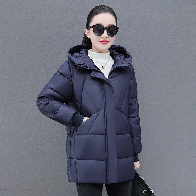 New Women\'S Fashion Casual Mid To Long Hooded Cotton Jacket Korean Version Autumn And Winter Thick Warm Versatile Coat Female