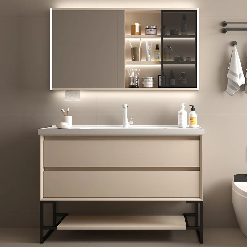 Light Luxury Smart Bathroom Cabinet Ceramic Integrated Washbasin Solid Wood Bathroom Vanity Cabinet with Sink Bathroom Furniture