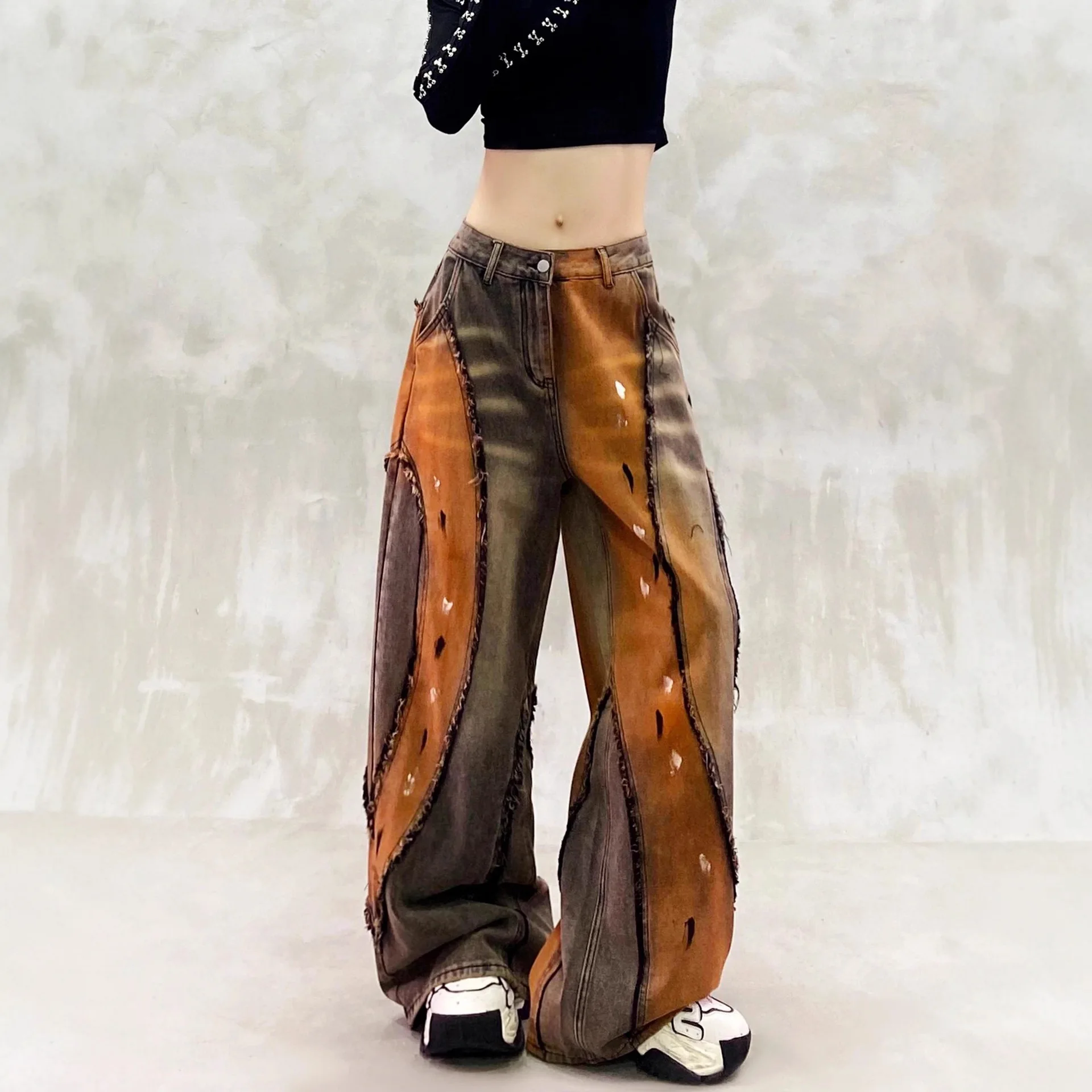 

Y2K Vintage Patchwork Jeans Women High Waisted Wide Leg Denim Pants Distressed Tie Dye Baggy Trousers 2026 Streetwear Aesthetic