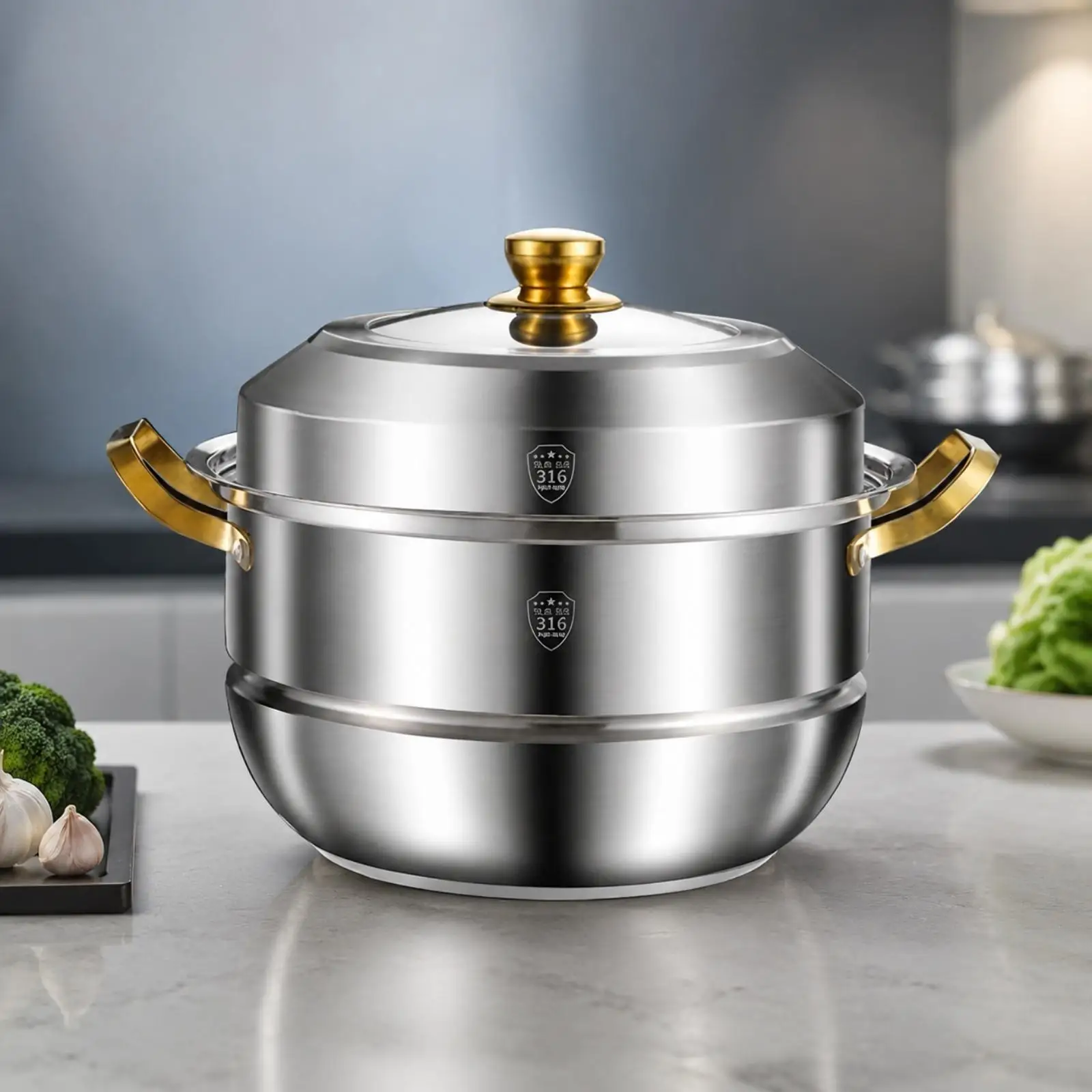 Double Layer Steam Pot Cookware with Gold Tone Knob for Home Kitchen Gas Stove and Induction Cooker