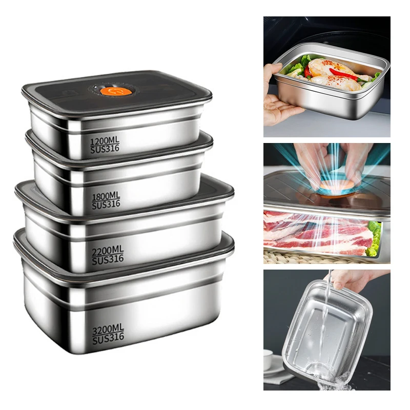 

4Pcs 316L Stainless Steel Crisper Lunch Box Sealed Leak-proof Bento Box Refrigerator Freezer High-Capacity Storage Box
