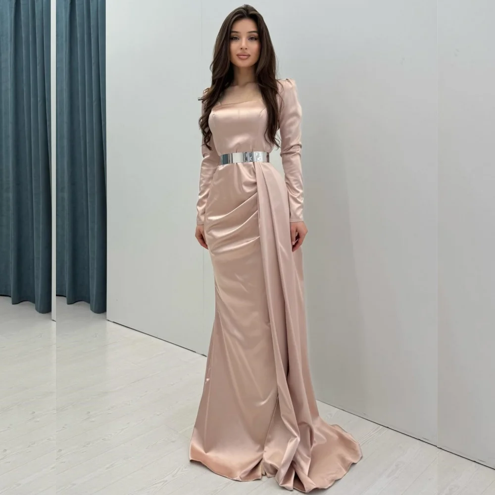 

Customized Classic Exquisite Charmeuse Sash Pleat Trumpet Square Neck Long Dresses Bespoke Occasion Simple