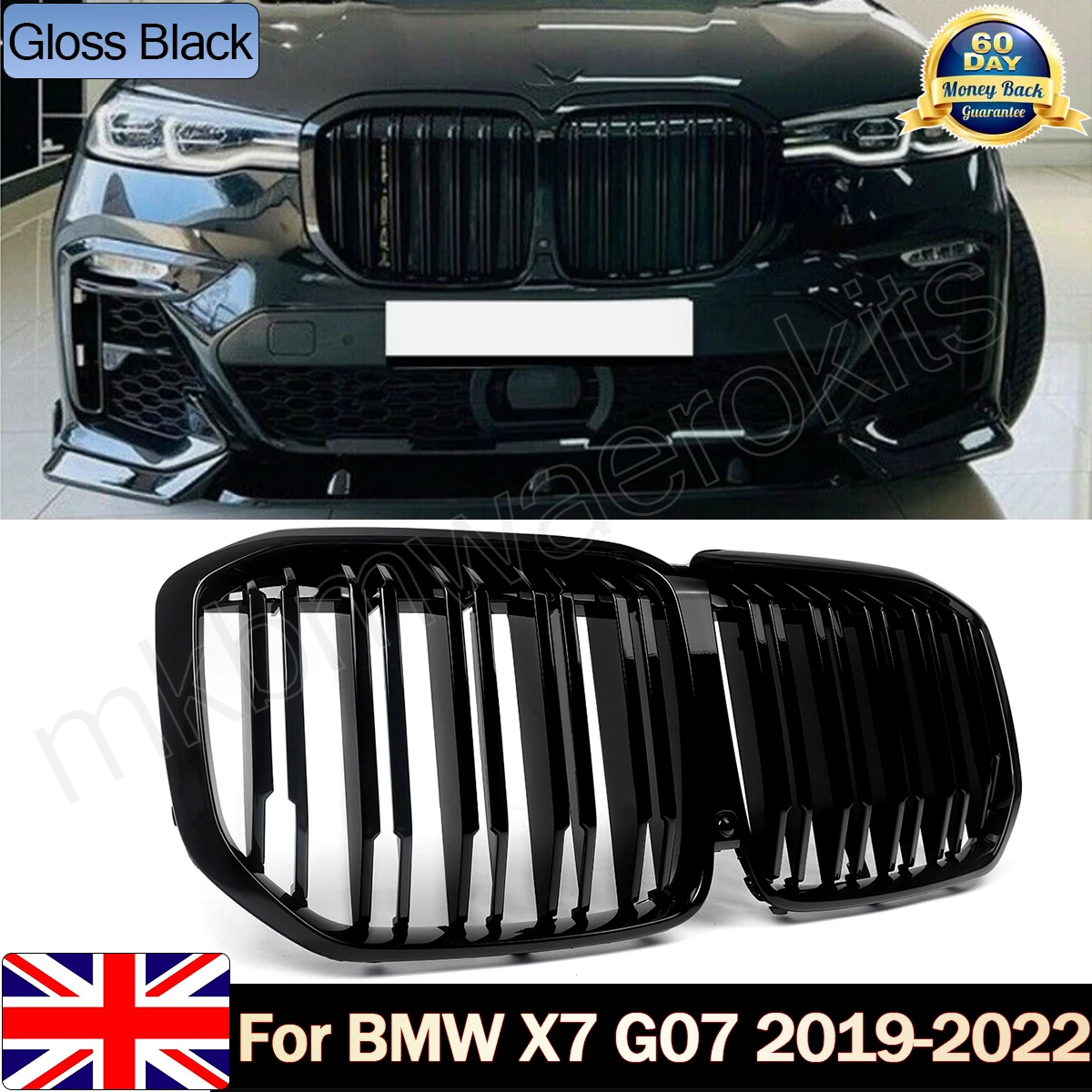 Image of Für BMW X7 G07 2019 2020 2021 2022 Glänzend Schwarzer Doppellinien-Kühlergrill Renngrill Frontstoßstangen-Nierengrill Ersatz