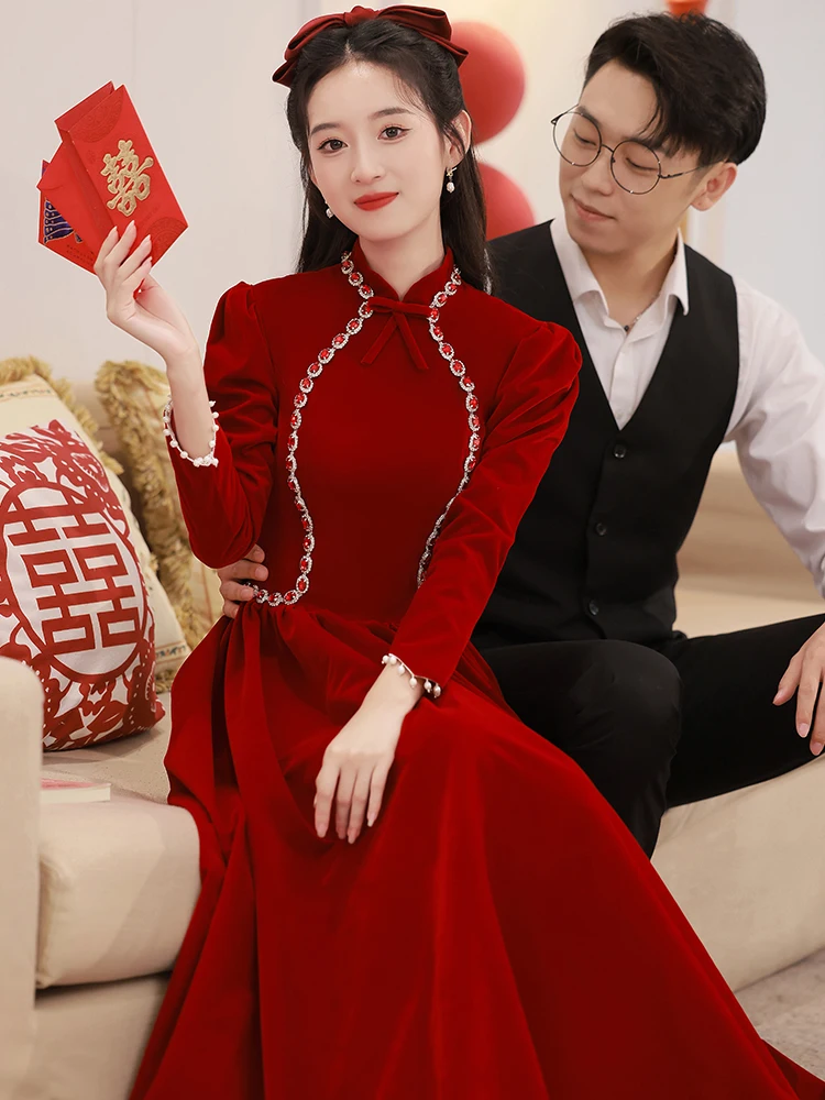 

Velvet Long Sve Wedding Dr Red Wine Color Engagement Par Dr Women's Faionable Ele Dr Suitable for Daily Wear