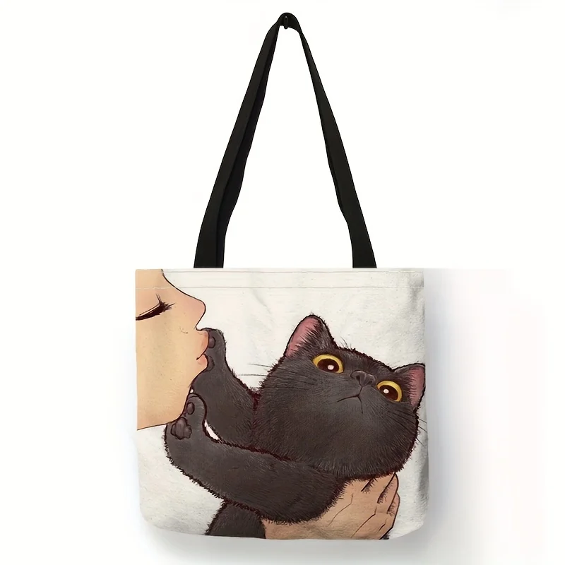Niedliche Einkaufstasche mit Cartoon-Katzen-Aufdruck, Umhängetasche mit großem Fassungsvermögen, lässige Damenhandtasche für den Einkauf in der Arbeit, in der Schule – Detail 9