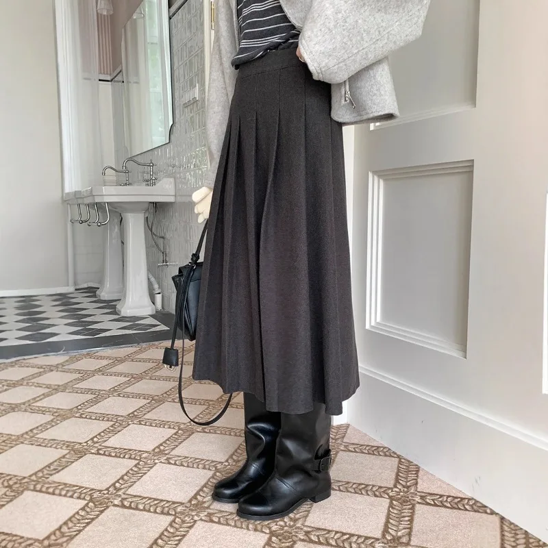 

Женская шерстяная плиссированная юбка, зима 2026, новинка, корейский стиль, модная, высококачественная, А-силуэт, длинная юбка, тренд сезона