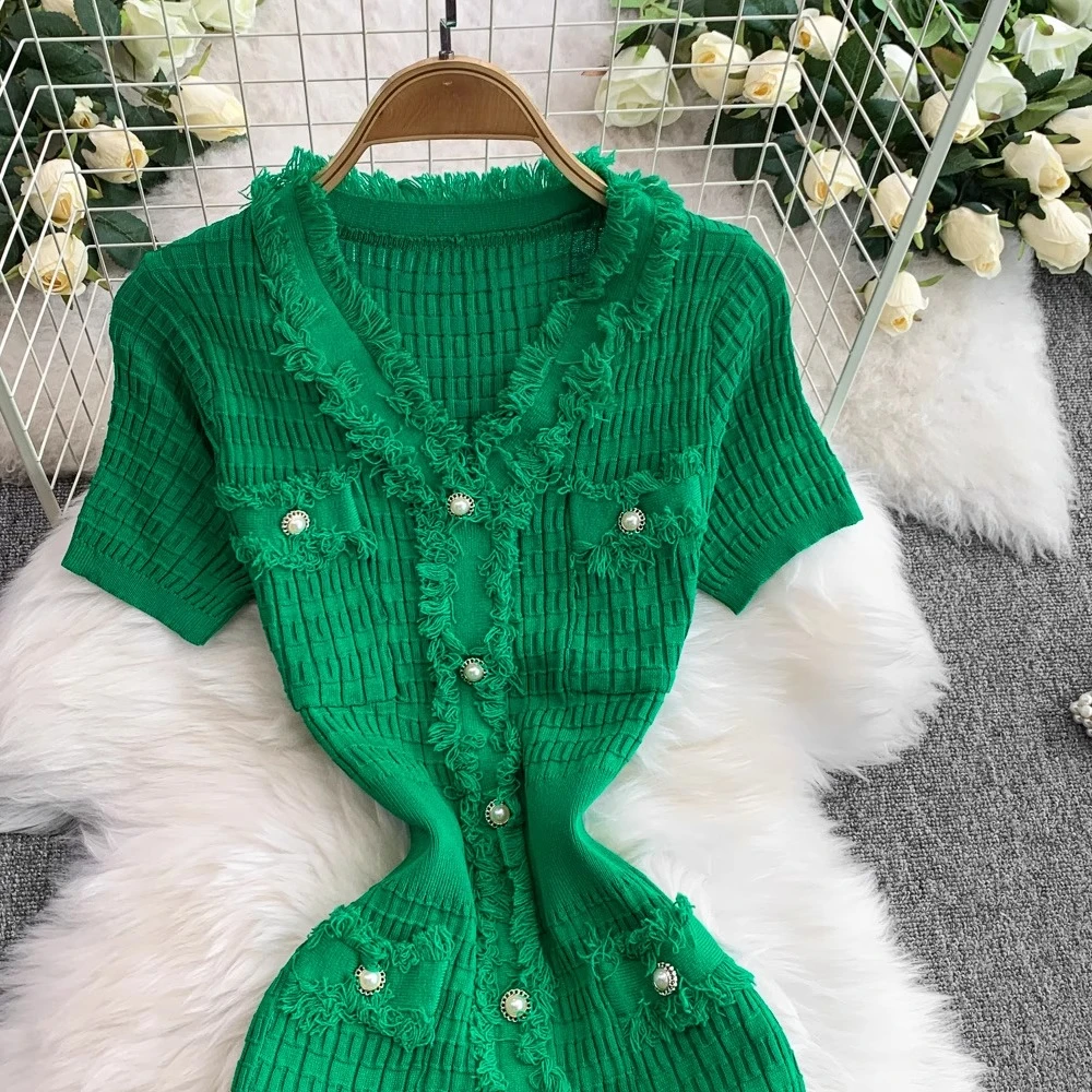 REALEFT Vintage Beadingปุ่มถักชุดสตรี 2025 ฤดูร้อนใหม่แขนสั้นVคอRuffles Single Breasted Wrap Dress