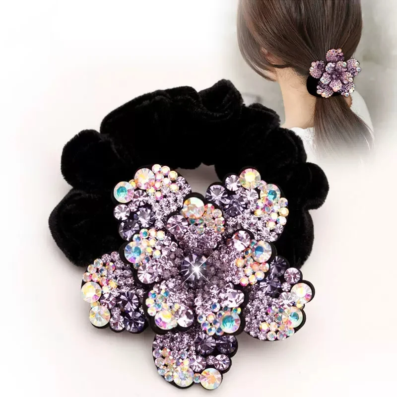 Women Rhinestone Scrunchies Velvet Elastic Hair Bands Flower Hair Rope Rings Ponytail Holder Crystal Headwear Hair Accessories