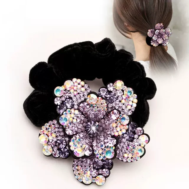 Kobiety Rhinestone Scrunchies aksamitne elastyczne opaski do włosów kwiatowa gumka do włosów pierścionki kucyk Holder kryształowe nakrycia głowy akcesoria do włosów