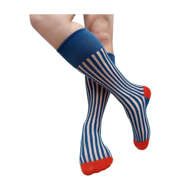 

See Through Striped Mens Formal Socks Over the Calf Dress Suit Male Sexy Stocking Lingerie Business Long Tube Hose Softy Funny