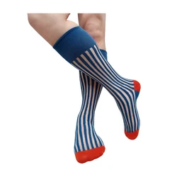 See Through Striped Mens Formal Socks Over the Calf Dress Suit Male Sexy Stocking Lingerie Business Long Tube Hose Softy Funny