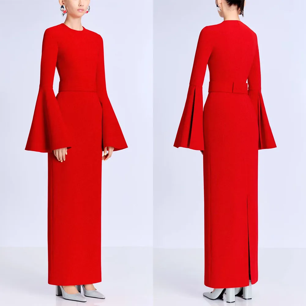 

Customized O-neck Red Full Sleeves Ankle Length Woman Robe Soirée Pour Un Mariage Платье Корейский Стиль Dress for Women فستان