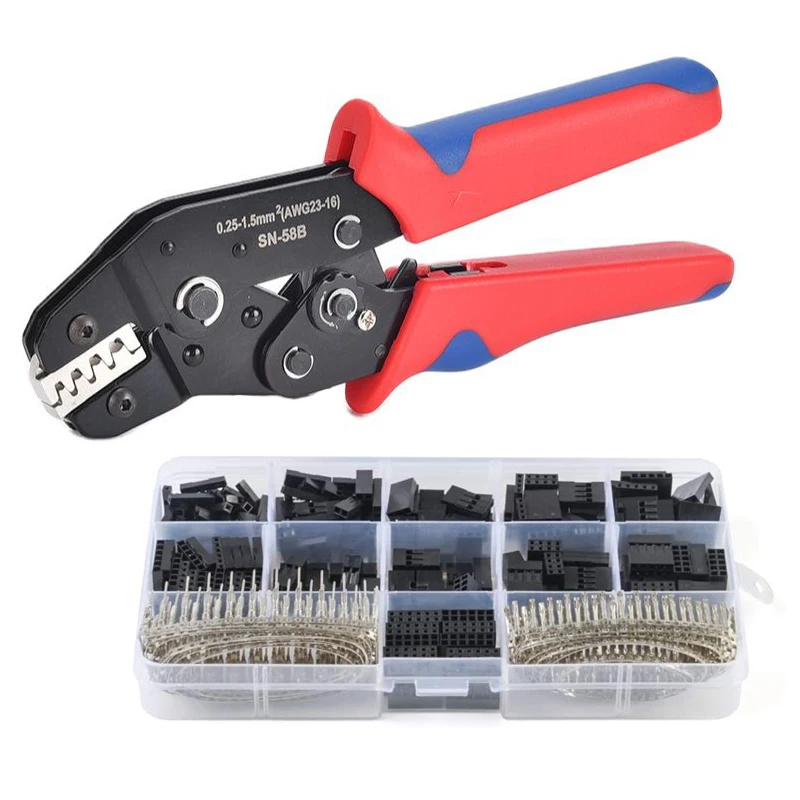 Dupont Kit Alicate de Friso 2.54 mm Passo Única Fileira Cabeçalhos Masculinos Dupont Friso Pinos Jumper Fio Crimper Kit Ferramenta Sn58b