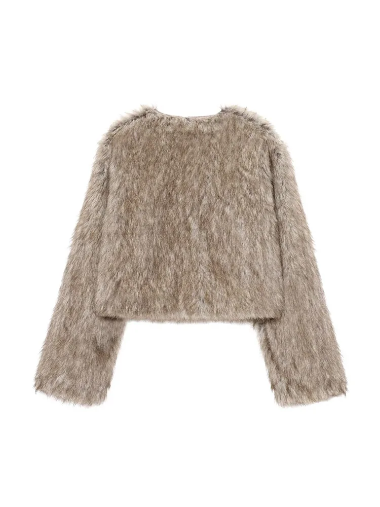 HH امرأة أزياء الشتاء جولة الرقبة طويلة الأكمام المخفية مشبك فو الفراء تأثير سترة قصيرة الإناث الشارع نمط معطف غير رسمي