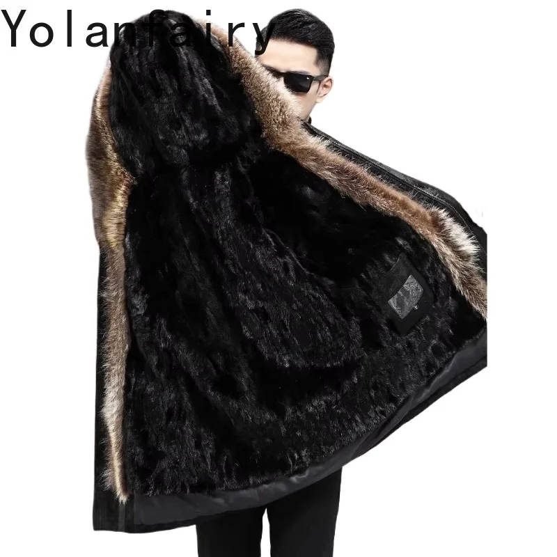 

Куртка YOLANFAIRY из 100% натуральной кожи для мужчин, зимняя, со съемной подкладкой из меха норки, парка, с воротником из меха енота, кожаная куртка с принтом