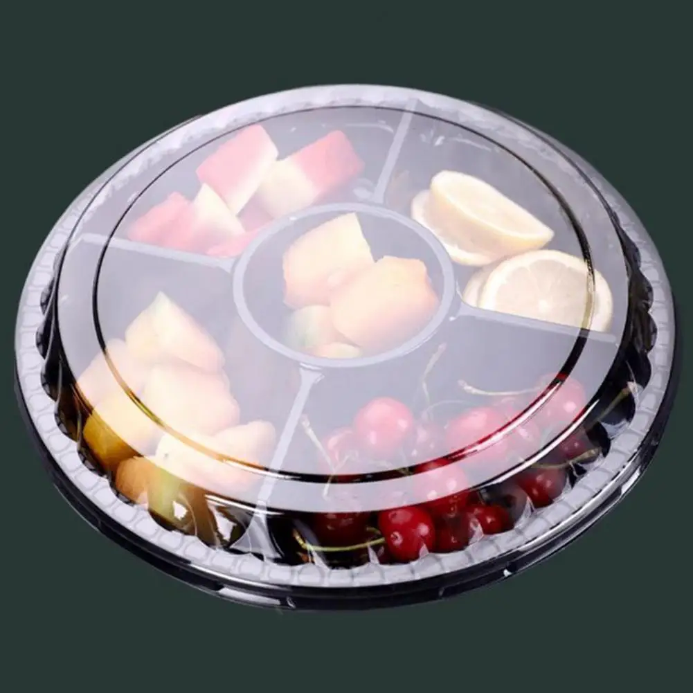 Plastic Tray with Compartments Disposable Round Plastic Fruit Veggie Serving Trays with Lid 6 Compartment Food Storage for Party