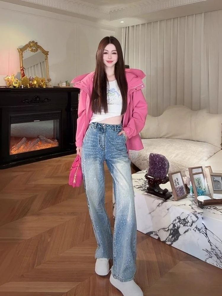 

Модные джинсы прямого кроя со стразами, мягкие, приятные к телу, с высокой талией, из хлопка, для женщин, осенняя коллекция