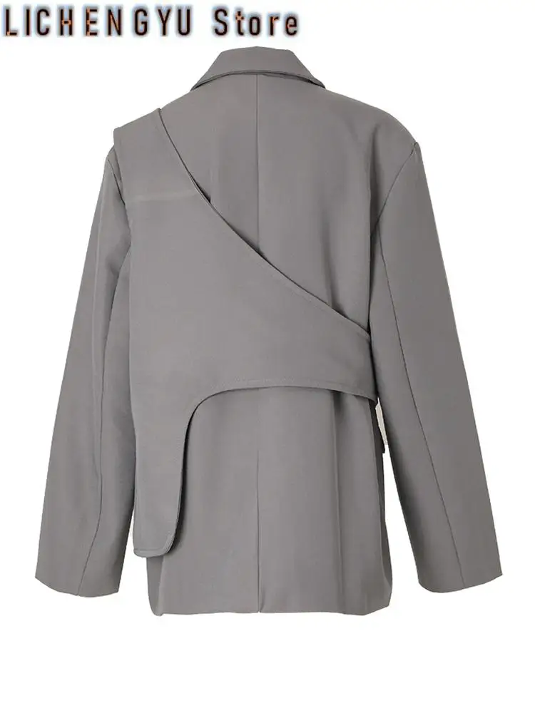 Vrouwen Grijze Onregelmatige Big Size Blazer Nieuwe Revers Lange Mouw Losse Fit Jas Mode Lente Herfst