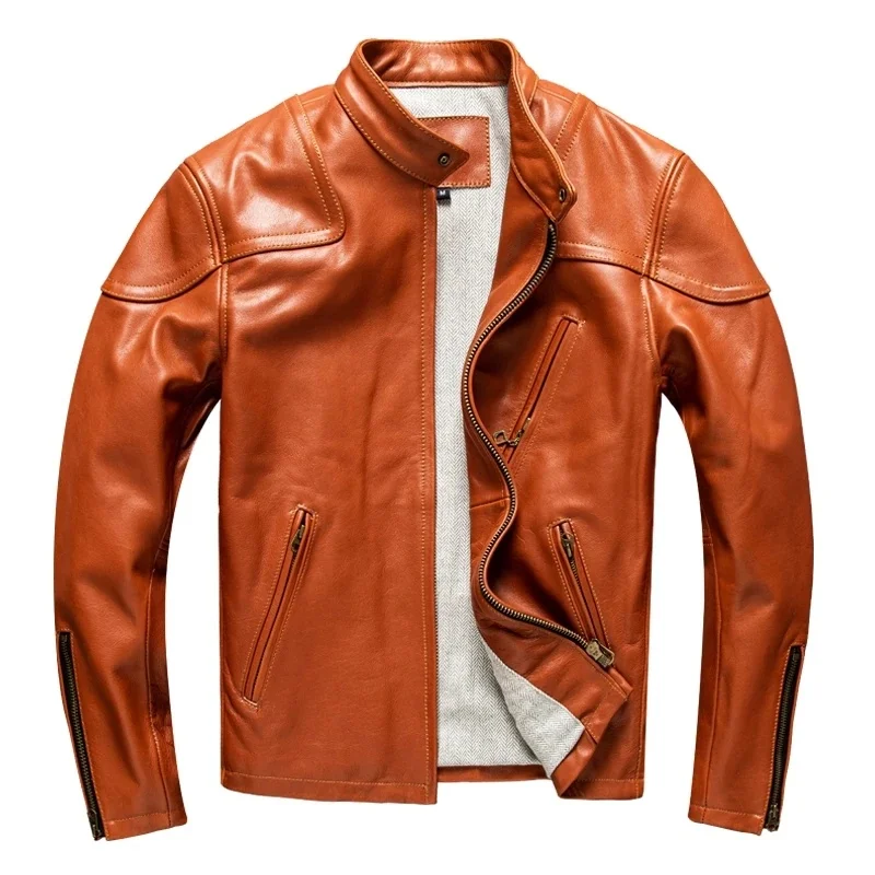 Orange Spring Leather Jacket Men Plus Size 5XL Punk Style Natural Horsehide Stand Collar Slim Fit Short Genuine Leather Coats