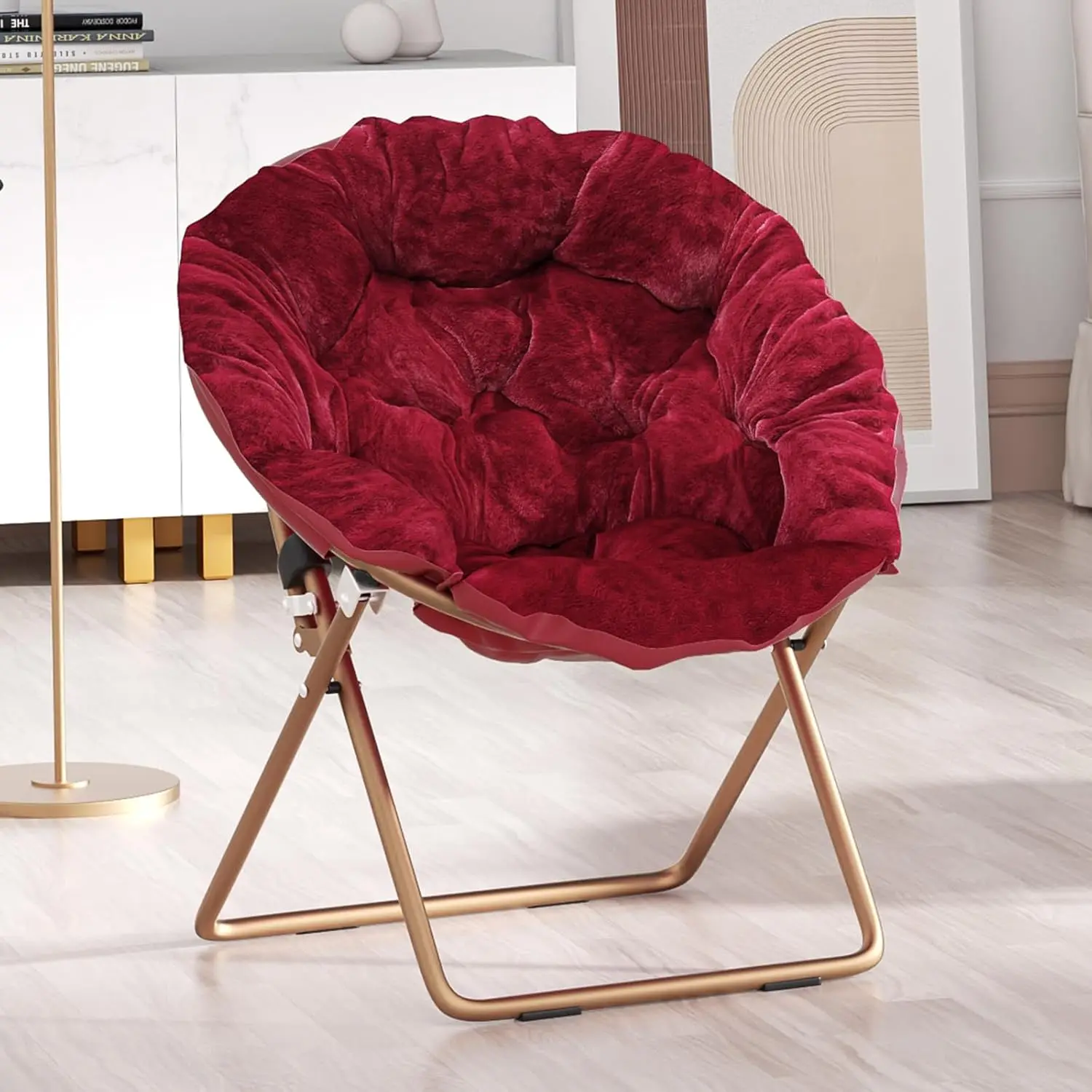 Foldable Oversized Moon Chair, Large Soft Lazy Cozy Comfortable Faux Fur Round Saucer Moon Chair for Teens and Adults, Burgundy