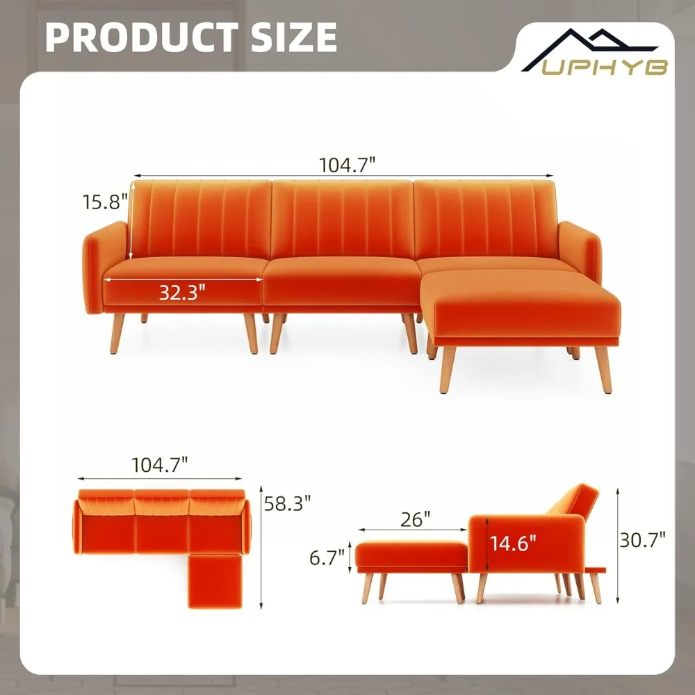 L-vormige oranje fluwelen sectionele fauteuil slaapbank, 105 inch moderne converteerbare slaapbank met verstelbare rugleuning, 3-zits