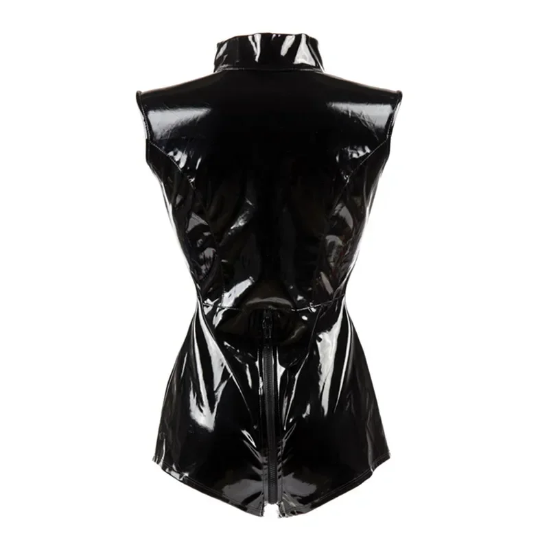 Mono Sexy negro con cremallera para mujer, Tanga erótica, Catsuit de piel sintética de PVC, leotardo con poste de Stripper, mono esqueleto