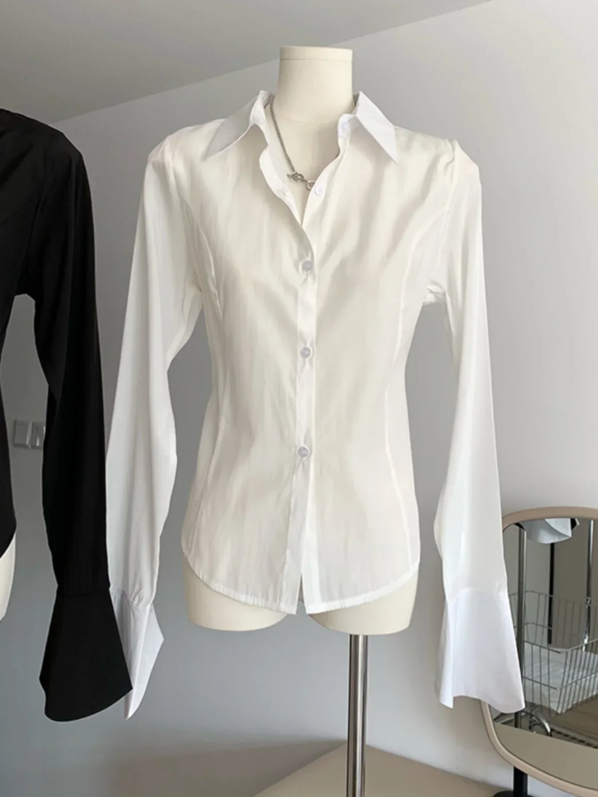 Female Secretary Slim Skinny Strap Adjustable Waist Temperament Long Sleeve White Shirt