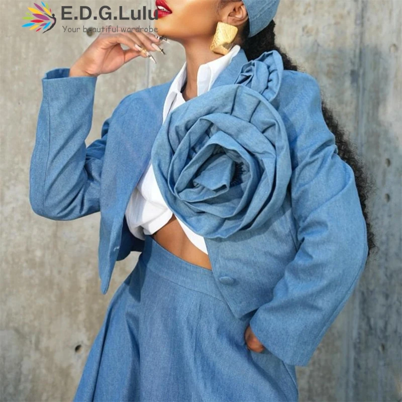 EDGLuLu 2 Piece Sets Women Outfit Turn-Down Collar 3d Flower Splicing Short Jacket+High Waist Loose Long Skirt Cowboy Suit 1130