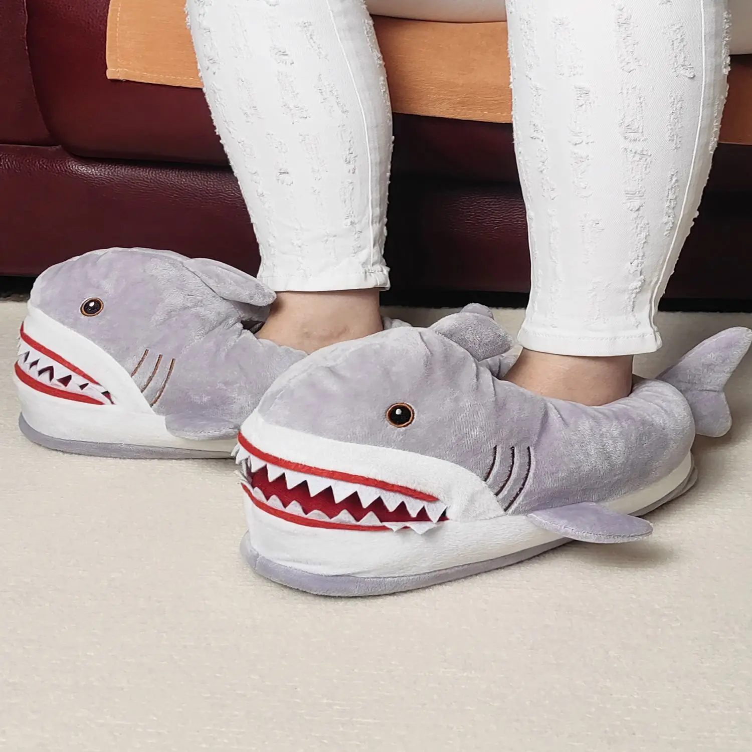 

New Unisex Winter Animal Shark Slides Indoor Furry Loafers Couples Gray Shark Slippers Home Warm Funny Slipper Plus size 44 45